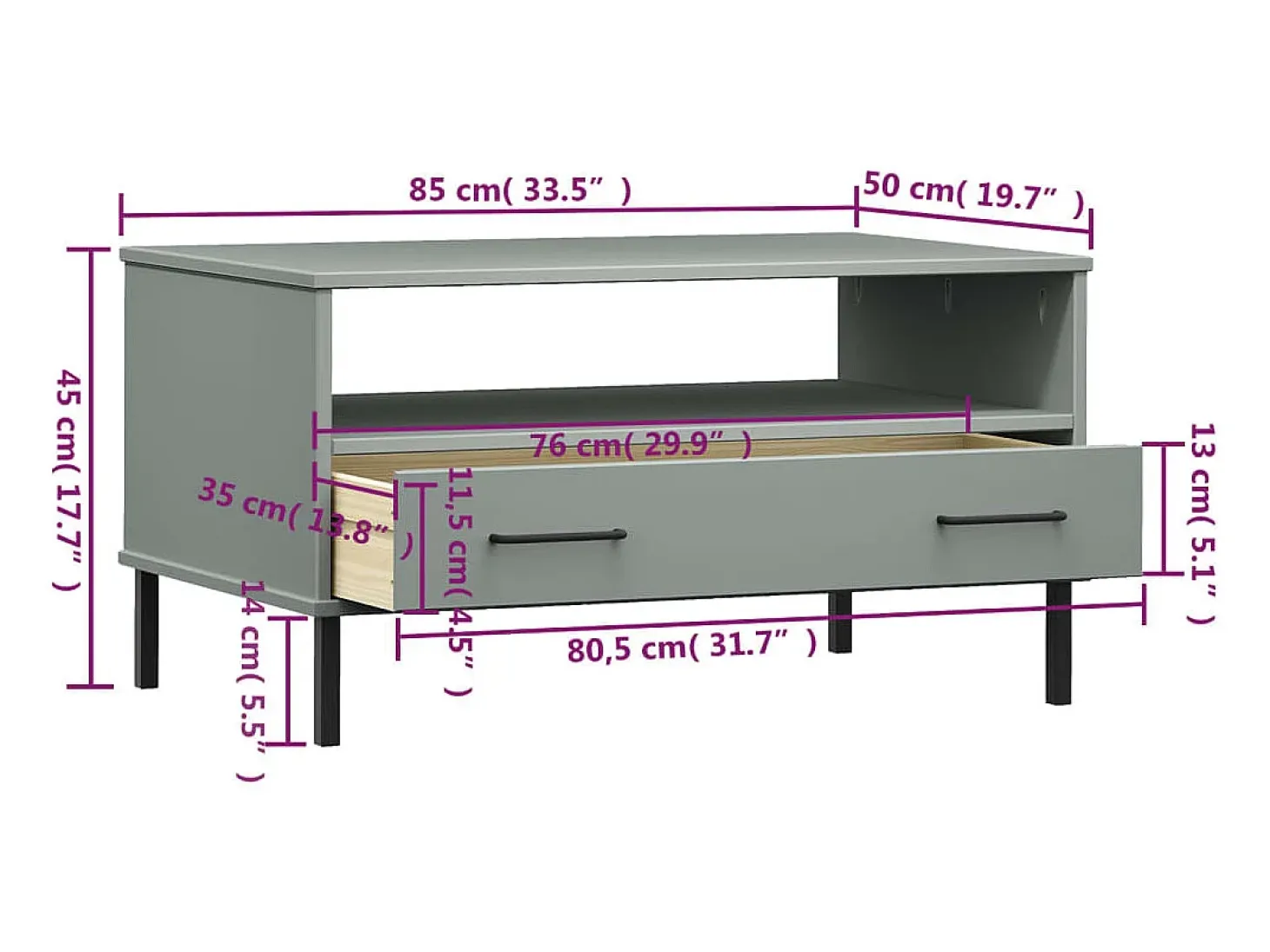 Mesa de centro patas metal OSLO madera maciza gris 85x50x45 cm