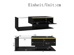 Mesa de centro rectangular 100x50x32,5cm con compartimento de almacenaje, cuerpo negro y tapa de cristal, LED incluido