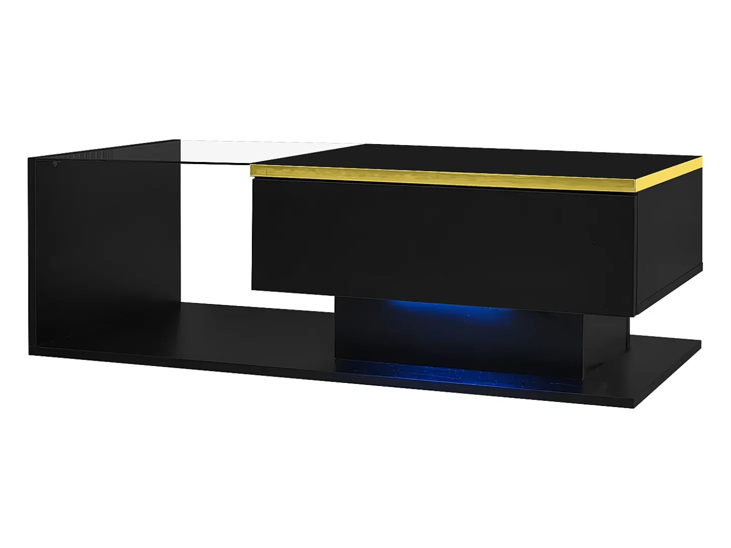 Mesa de centro rectangular 100x50x32,5cm con compartimento de almacenaje, cuerpo negro y tapa de cristal, LED incluido