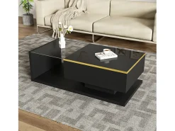 Mesa de centro rectangular 100x50x32,5cm con compartimento de almacenaje, cuerpo negro y tapa de cristal, LED incluido