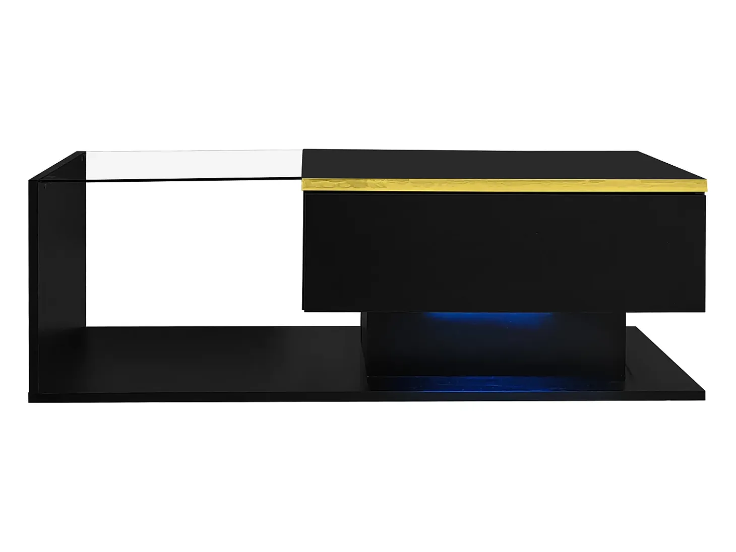 Mesa de centro rectangular 100x50x32,5cm con compartimento de almacenaje, cuerpo negro y tapa de cristal, LED incluido