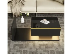 Mesa de centro rectangular 100x50x32,5cm con compartimento de almacenaje, cuerpo negro y tapa de cristal, LED incluido