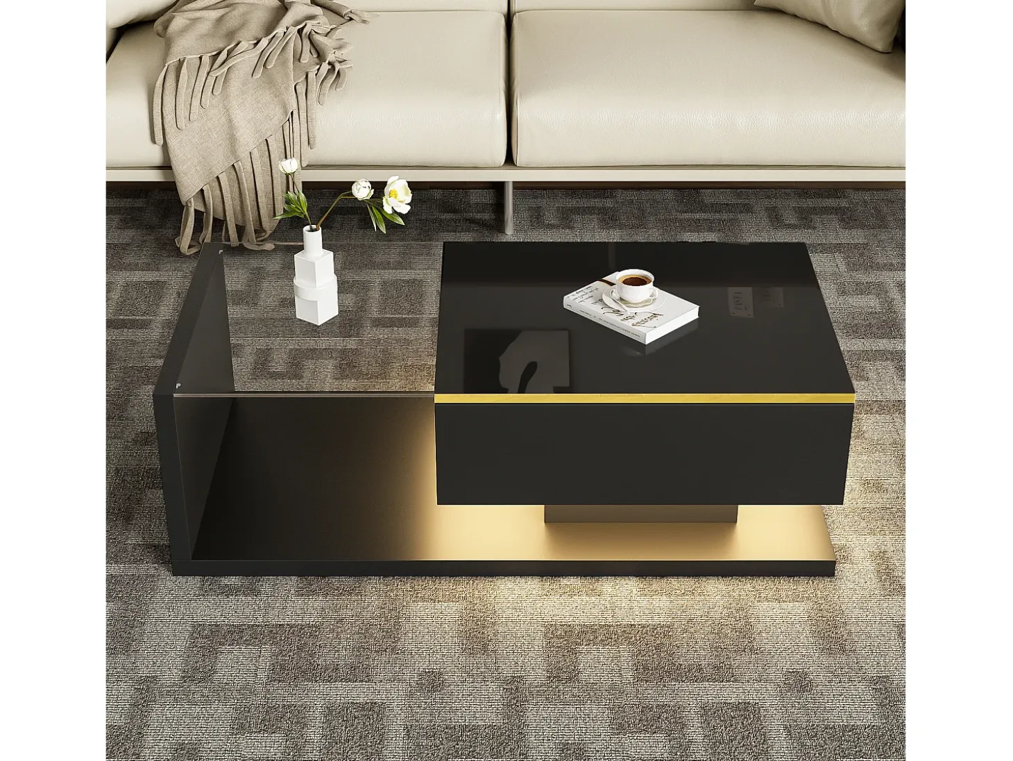 Mesa de centro rectangular 100x50x32,5cm con compartimento de almacenaje, cuerpo negro y tapa de cristal, LED incluido