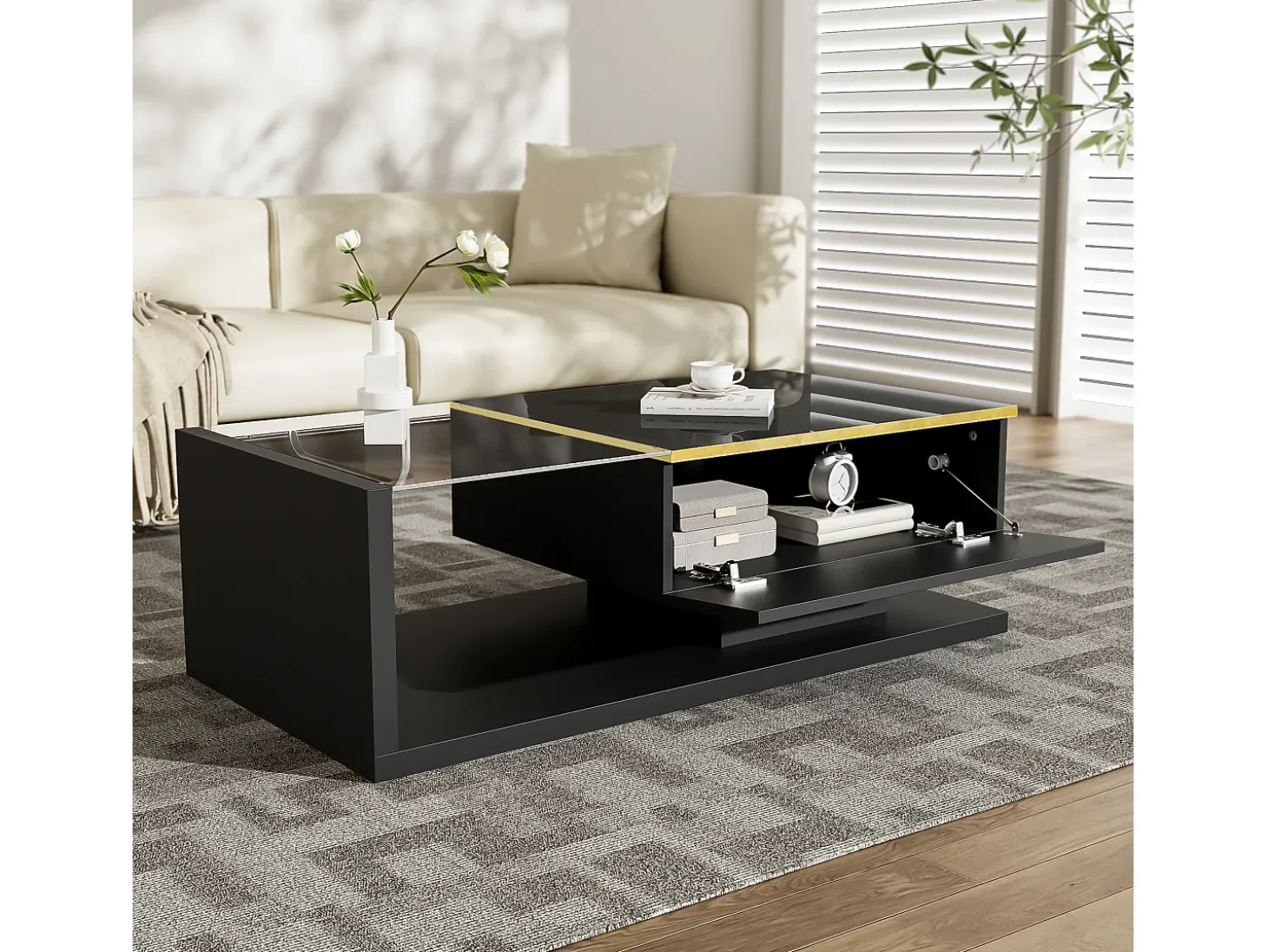 Mesa de centro rectangular 100x50x32,5cm con compartimento de almacenaje, cuerpo negro y tapa de cristal, LED incluido