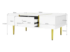 Mesa de centro rectangular 100x60x41,5cm con 2 cajones, cuerpo en laca blanca con detalles dorados