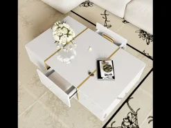 Mesa de centro rectangular 100x60x41,5cm con 2 cajones, cuerpo en laca blanca con detalles dorados