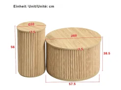 Mesa de centro redonda - Juego de 2 - Rayas verticales - Color madera - Para salón y dormitorio
