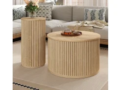 Mesa de centro redonda - Juego de 2 - Rayas verticales - Color madera - Para salón y dormitorio