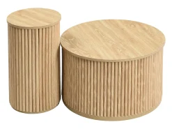 Mesa de centro redonda - Juego de 2 - Rayas verticales - Color madera - Para salón y dormitorio