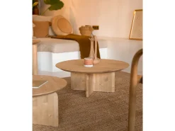 Mesa de centro redonda de madera de abeto maciza Decowood en color roble medio de Ø60cm - BLOOM - DECOWOOD