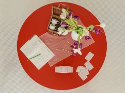 Mesa de centro redonda tablero laminado de 3cm rojo llama 100cm-HECHO EN ESPAÑA