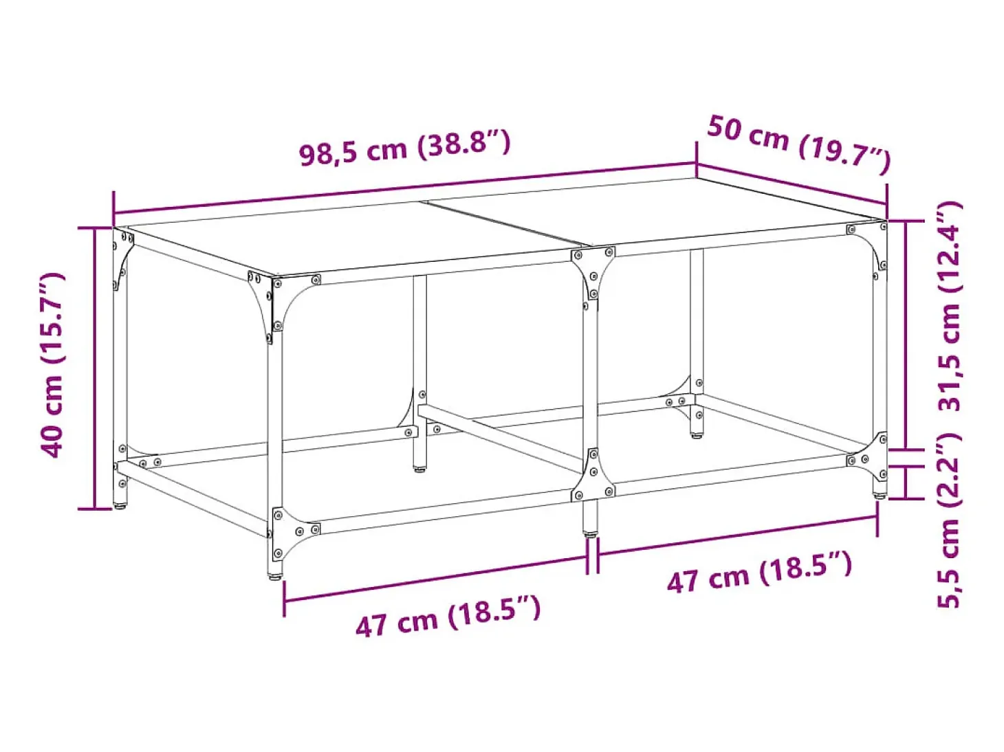 Mesa de centro superficie de vidrio acero 98,5x50x40 cm