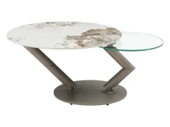 Mesa de centro tableros pivotantes de cerámica y vidrio templado - Efecto mármol blanco - ELDOVA