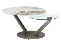 Mesa de centro tableros pivotantes de cerámica y vidrio templado - Efecto mármol blanco - ELDOVA