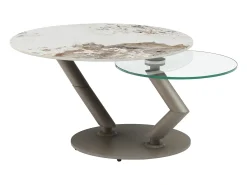 Mesa de centro tableros pivotantes de cerámica y vidrio templado - Efecto mármol blanco - ELDOVA