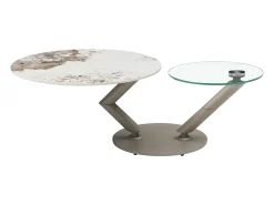 Mesa de centro tableros pivotantes de cerámica y vidrio templado - Efecto mármol blanco - ELDOVA
