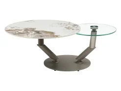 Mesa de centro tableros pivotantes de cerámica y vidrio templado - Efecto mármol blanco - ELDOVA