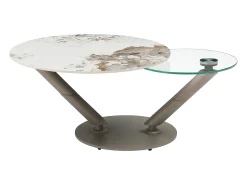 Mesa de centro tableros pivotantes de cerámica y vidrio templado - Efecto mármol blanco - ELDOVA