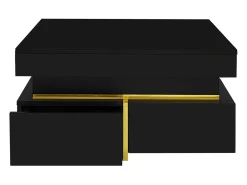 Mesa de centro 70x70cmx35,5, mesa cuadrada alto brillo con cajones y detalles dorados, color negro