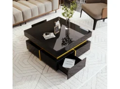 Mesa de centro 70x70cmx35,5, mesa cuadrada alto brillo con cajones y detalles dorados, color negro