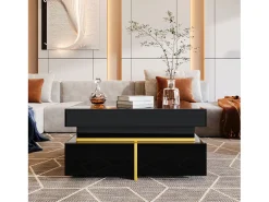 Mesa de centro 70x70cmx35,5, mesa cuadrada alto brillo con cajones y detalles dorados, color negro