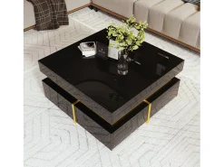 Mesa de centro 70x70cmx35,5, mesa cuadrada alto brillo con cajones y detalles dorados, color negro