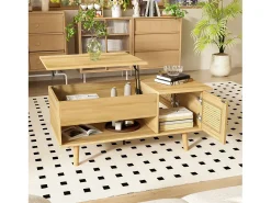 Mesa de centro 103x50x46 cm - con tablero abatible - con 2 puertas de ratán - natural