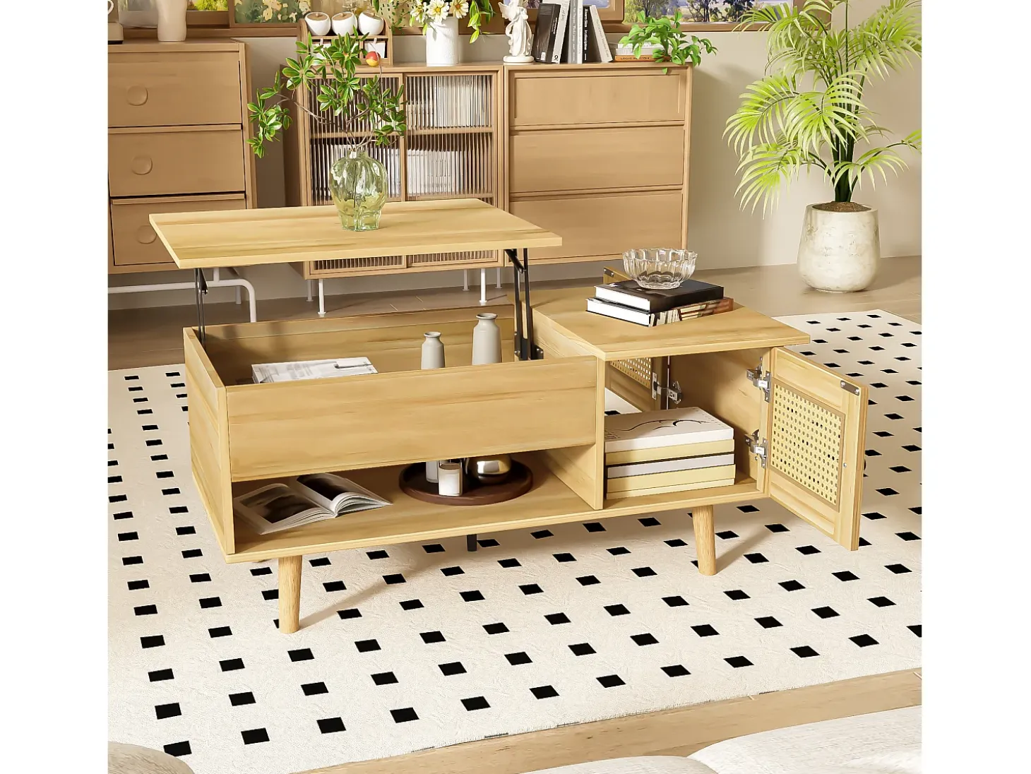 Mesa de centro 103x50x46 cm - con tablero abatible - con 2 puertas de ratán - natural