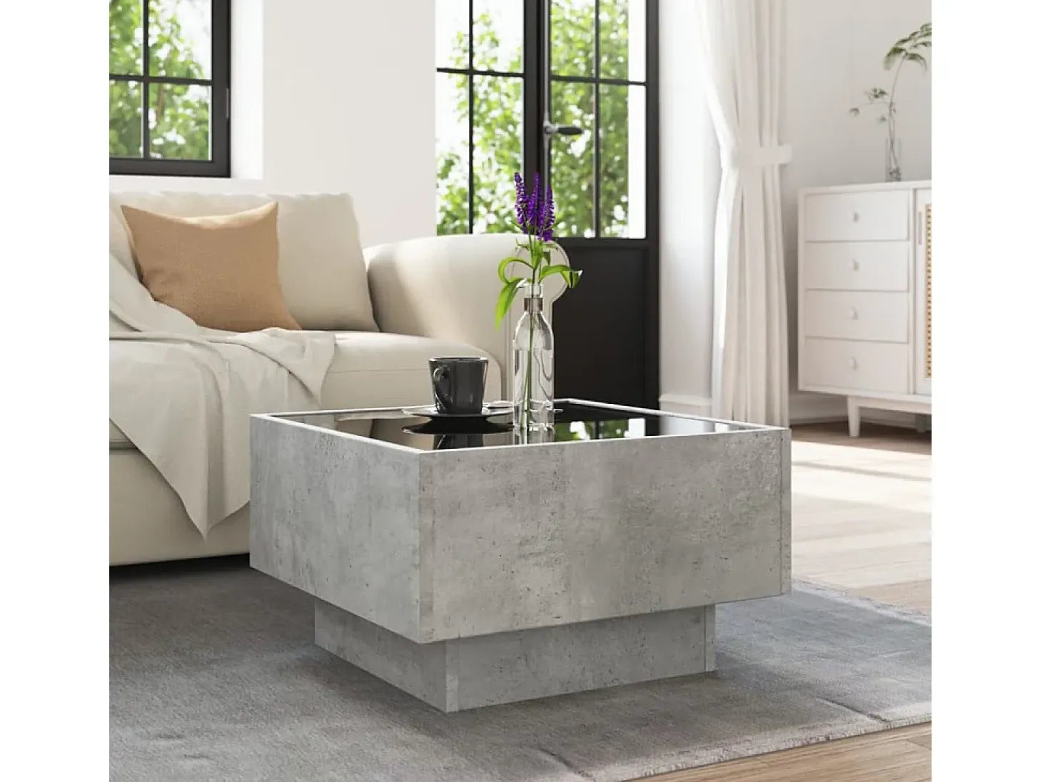Mesa de centro y LED madera ingeniería gris hormigón 50x50x30cm