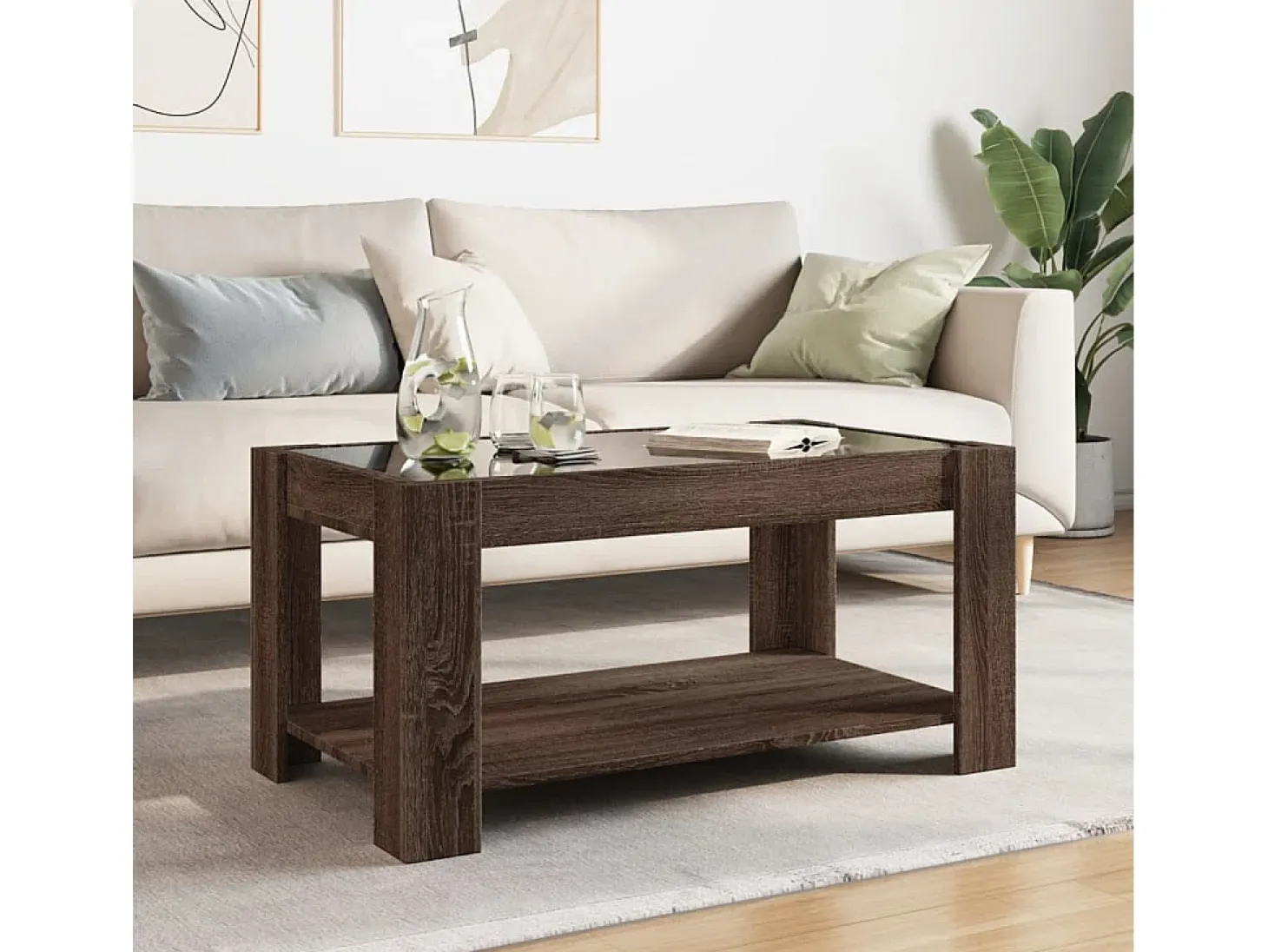 Mesa de centro y LED madera ingeniería marrón roble 93x53x45 cm