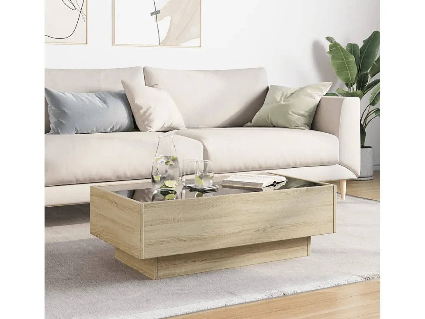 Mesa de centro y LED madera ingeniería roble Sonoma 90x50x30 cm