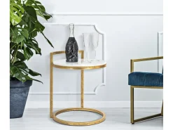Mesa de centro y sofá redondo de metal dorado con superficie de mármol blanco Round