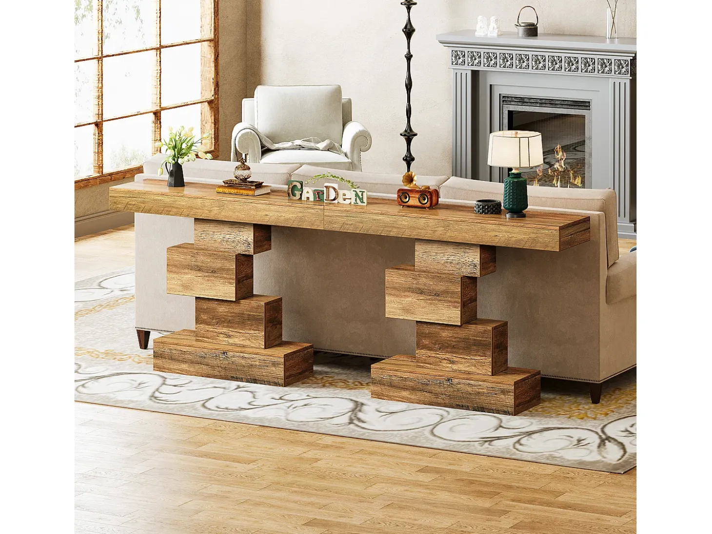 Mesa de comedor de granja de 108 cm, mesa de salón estrecha de madera detrás del sofá con base geométrica