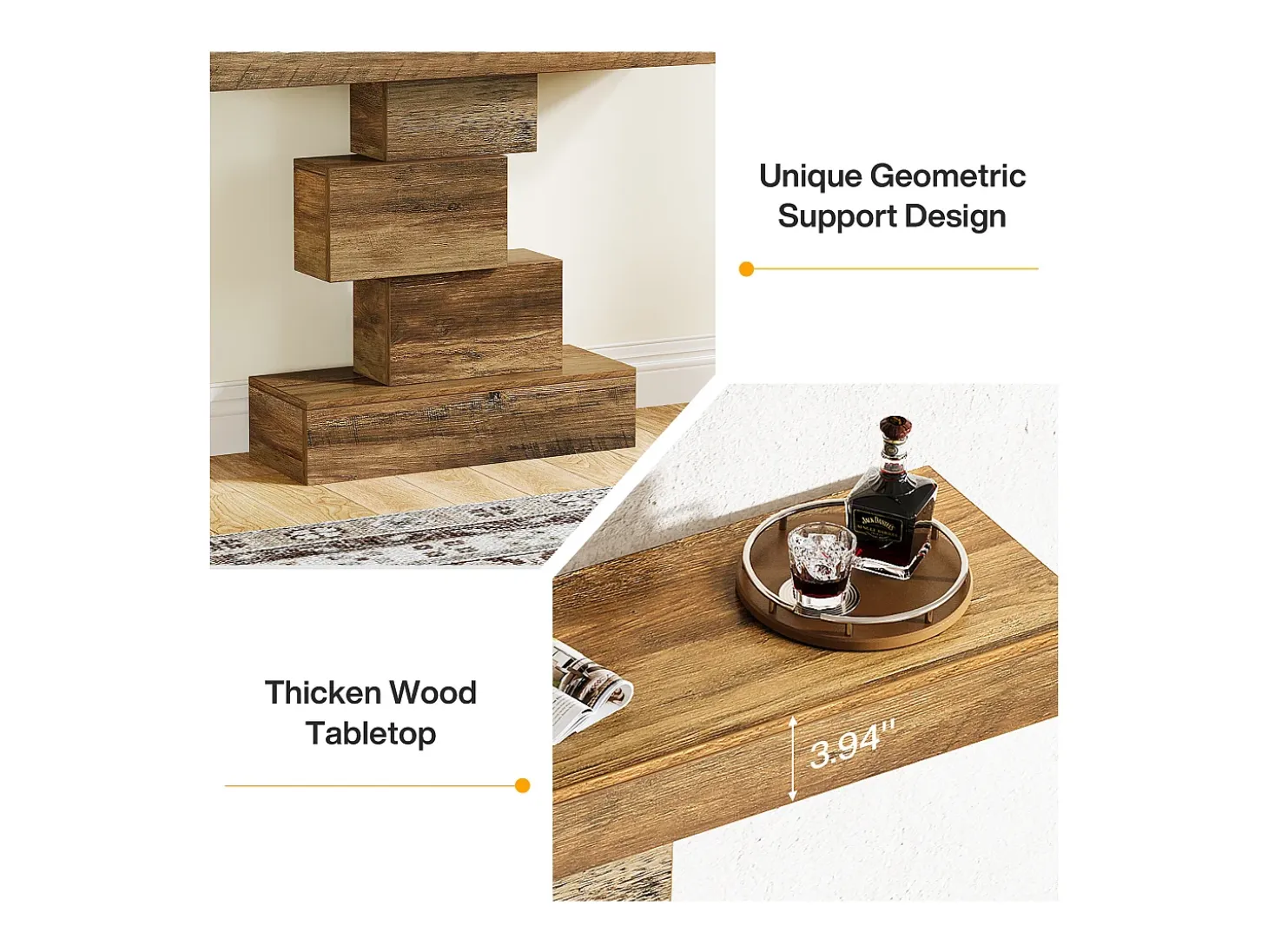 Mesa de comedor de granja de 108 cm, mesa de salón estrecha de madera detrás del sofá con base geométrica