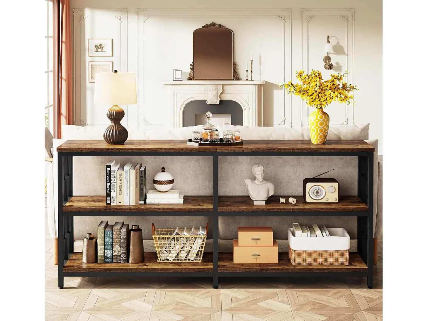 Mesa de consola con estantes de almacenamiento, mesa de sofá industrial de 3 niveles de 180 cm para sala de estar