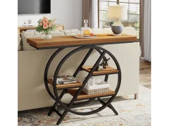 Mesa de consola de 100 cm con tablero grueso, mesa de sofá de pasillo industrial estrecha de 4 niveles con marco geométrico de metal, marrón claro