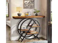 Mesa de consola de 100 cm con tablero grueso, mesa de sofá de pasillo industrial estrecha de 4 niveles con marco geométrico de metal, marrón claro