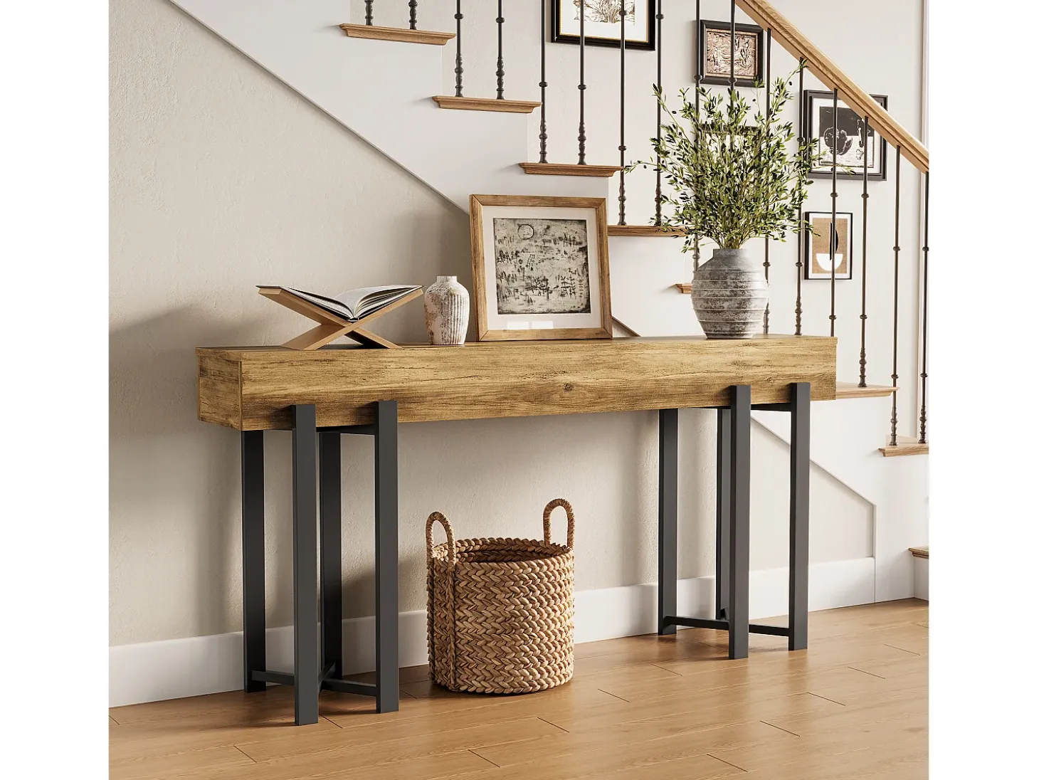Mesa de consola de 160 cm para entrada, mesa industrial detrás del sofá