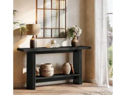 Mesa de consola estrecha de 140 cm con estante de almacenamiento, mesa de sofá rústica para entrada