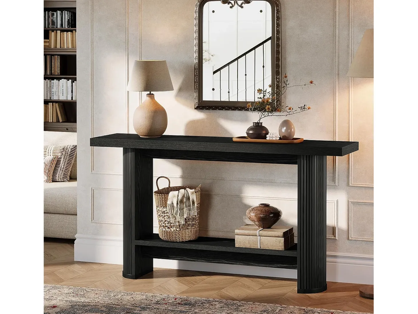 Mesa de consola estrecha de 140 cm con estante de almacenamiento, mesa de sofá rústica para entrada