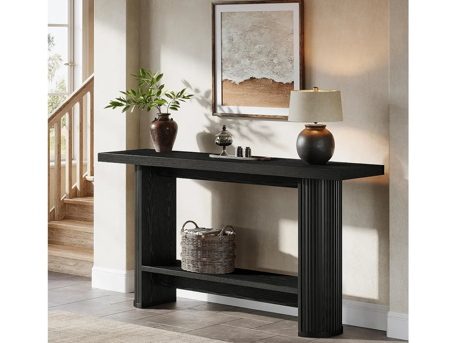 Mesa de consola estrecha de 140 cm con estante de almacenamiento, mesa de sofá rústica para entrada