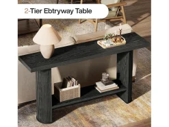 Mesa de consola estrecha de 140 cm con estante de almacenamiento, mesa de sofá rústica para entrada