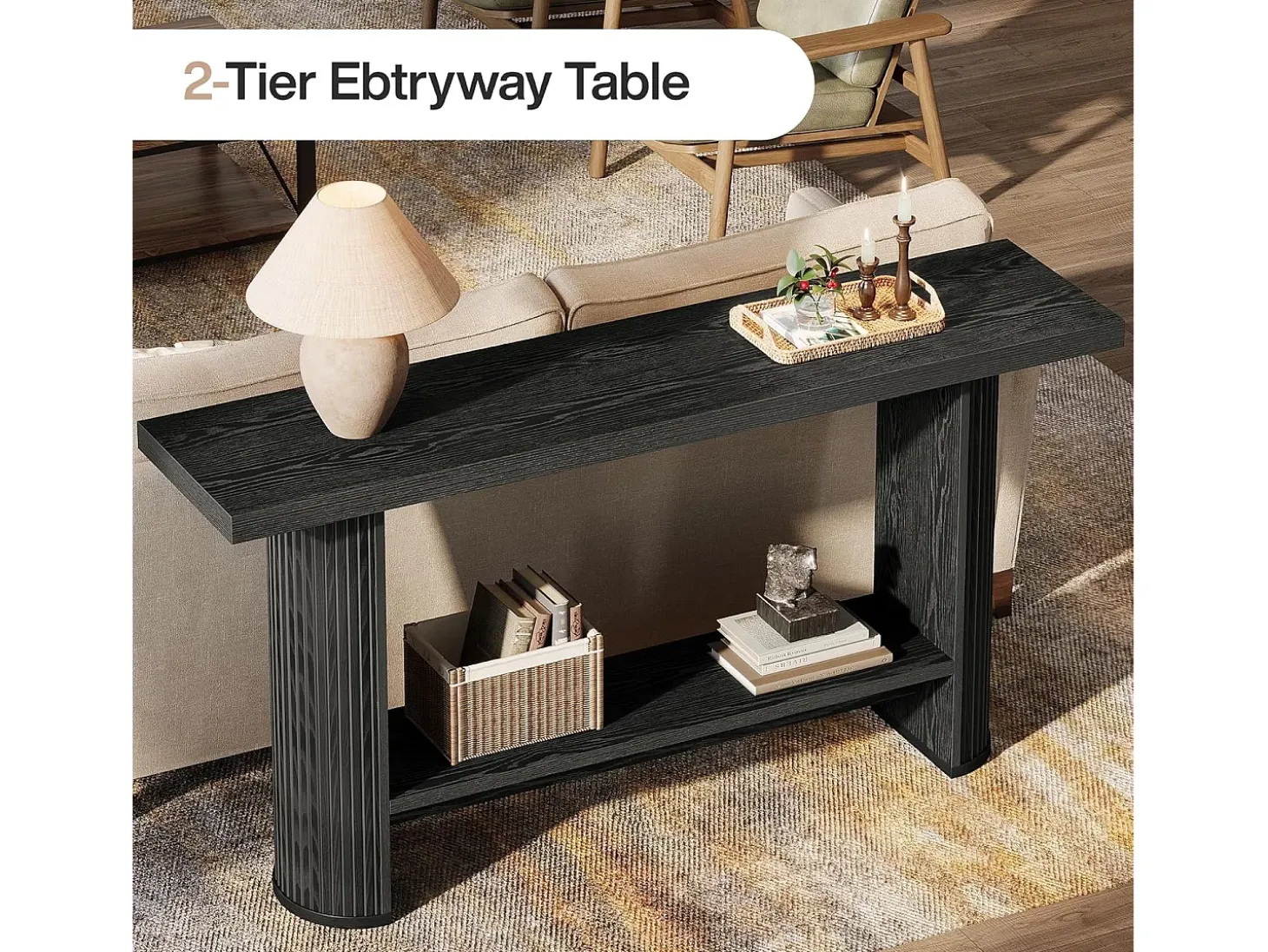 Mesa de consola estrecha de 140 cm con estante de almacenamiento, mesa de sofá rústica para entrada
