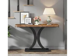 Mesa de Consola Industrial, Mesa estrecha de vestíbulo de 100 cm con Base geométrica, Mesa auxiliar de Pasillo Rústica para Salón, entrada