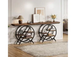 Mesa de consola, Mesa de entrada de 100 cm con tablero grueso, Mesa de salón industrial, Mesas auxiliares, Marrón rústico