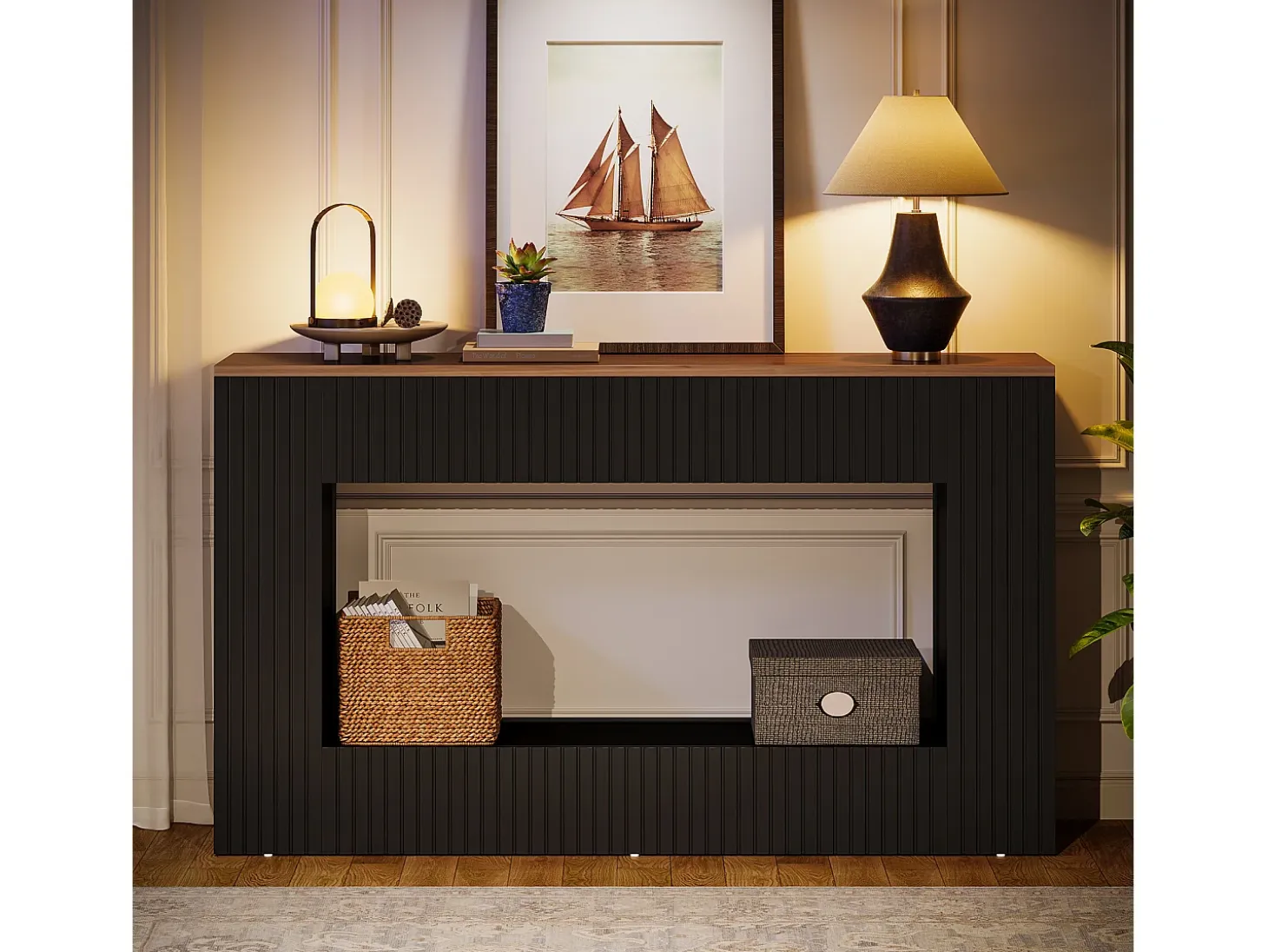 Mesa de consola moderna, mesa de entrada de madera de 140 cm con espacio de almacenamiento, mesa para sofá estrecha y larga