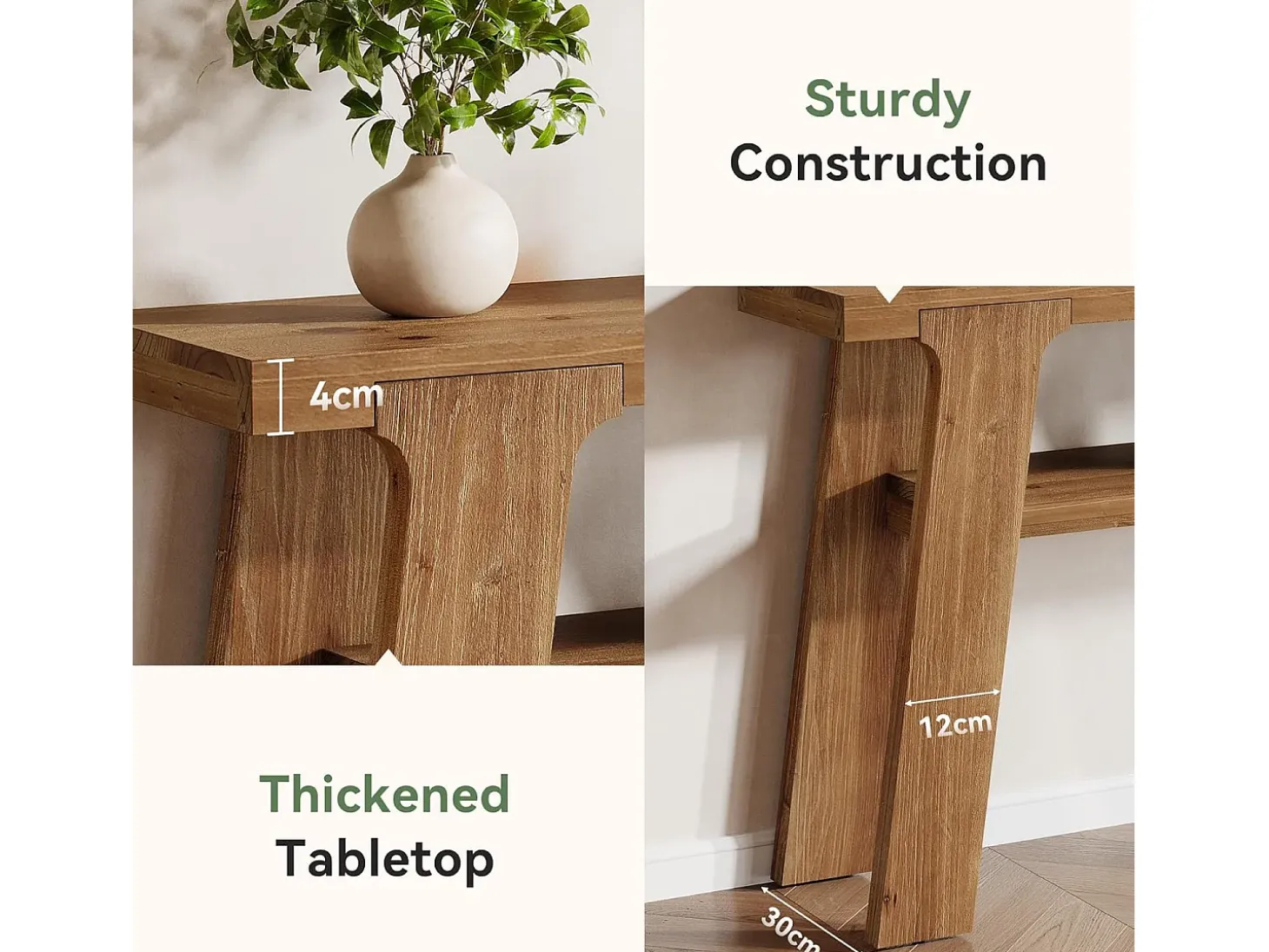 Mesa de entrada de consola de madera maciza, mesa de sofá pequeña rústica de 120 cm con almacenamiento de 2 niveles