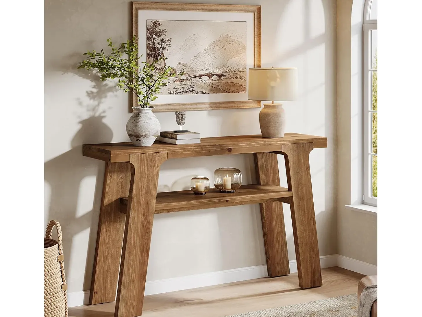 Mesa de entrada de consola de madera maciza, mesa de sofá pequeña rústica de 120 cm con almacenamiento de 2 niveles