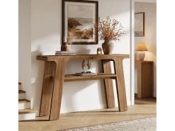 Mesa de entrada de consola de madera maciza, mesa de sofá pequeña rústica de 120 cm con almacenamiento de 2 niveles