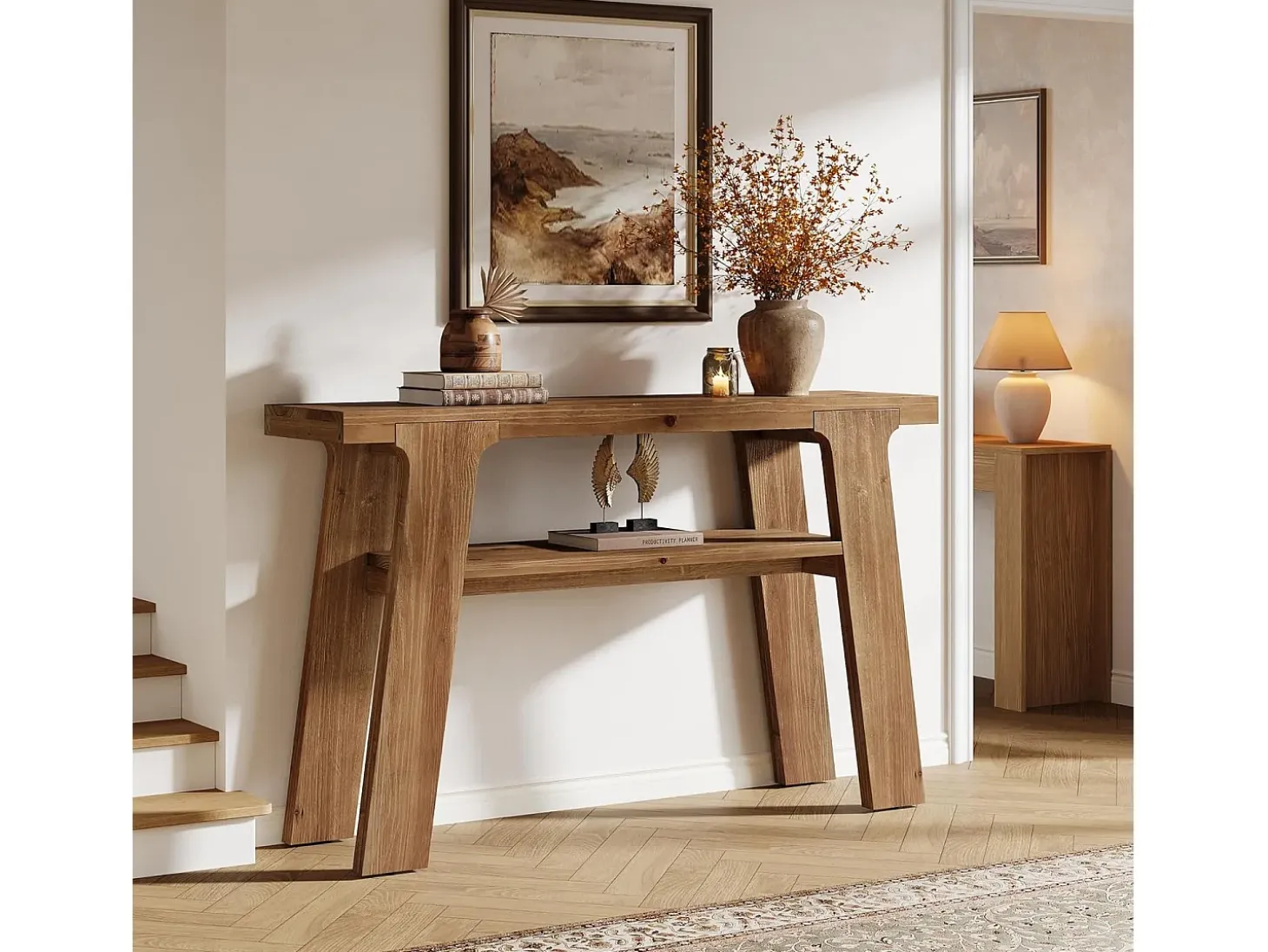 Mesa de entrada de consola de madera maciza, mesa de sofá pequeña rústica de 120 cm con almacenamiento de 2 niveles